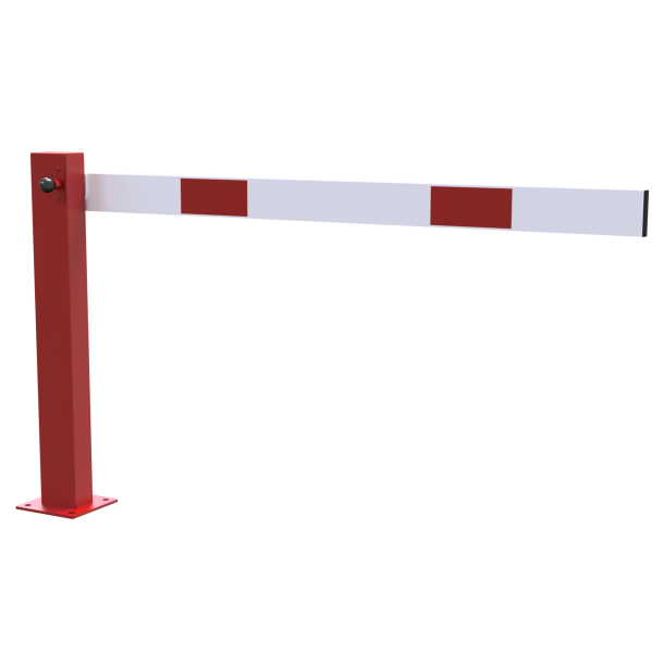 Compact hand barrier | with fixed support post | clear width: 1500 mm | for padlock | hot-dip galvanized and coated red / white